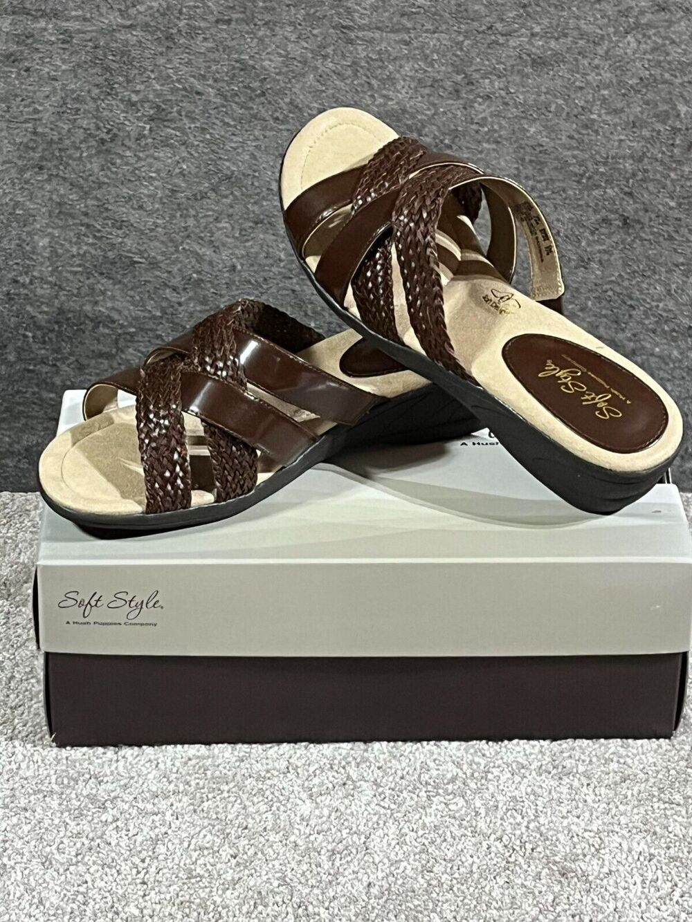 Soft Style Hush Puppies Sandals 9.5 Brown Braided Strappy Wedge Comfort Slides